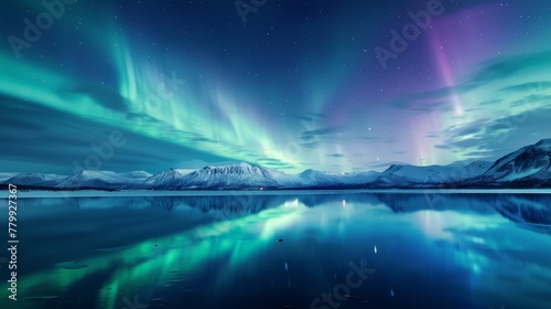 Beautiful aurora northern lights in night sky with lake snow forest in winter. photo