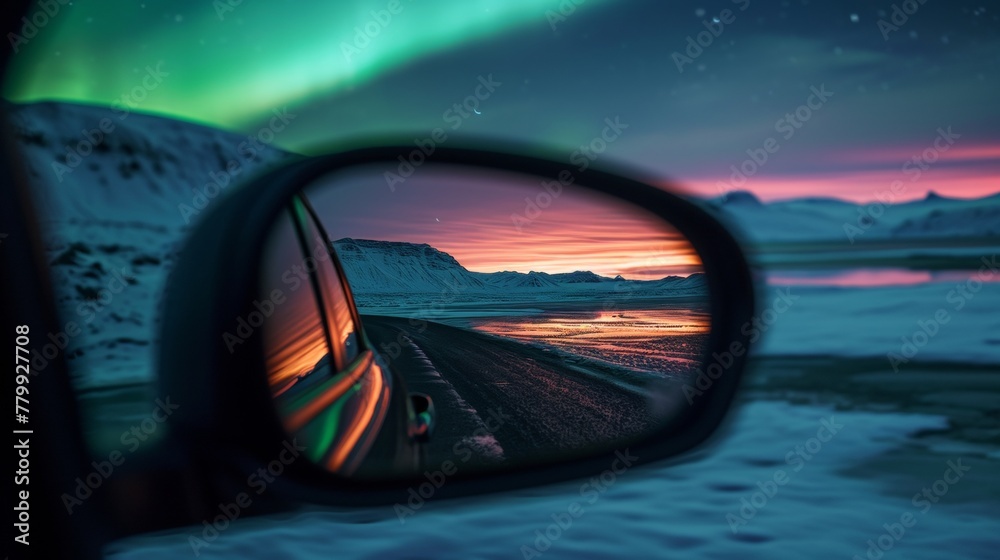 View from side mirror of a car in wild snow field with beautiful aurora northern lights in night sky with snow forest in winter. View from side mirror of a car in wild snow field with beautiful aurora northern lights in night sky with snow forest in winter.