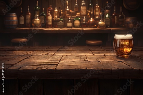 A rustic wooden table with a blurred background of an old western saloon, creating space for product display or montage. 