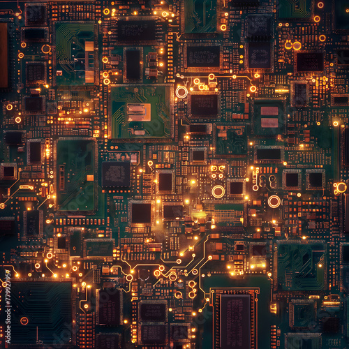 Symmetrical Vision of a Glowing Circuit Board in the Dark