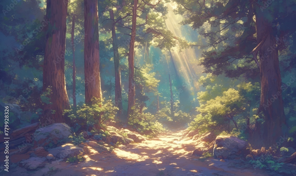 A sunlit forest path with tall trees and rays of sunlight piercing through the canopy, creating an enchanting natural scene. 