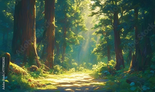 A sunlit forest path with tall trees and rays of sunlight piercing through the canopy, creating an enchanting scene of nature's beauty
