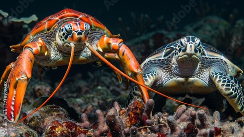 Two turtle and lobster chimeras are swimming in the ocean with coral and rocks, AI