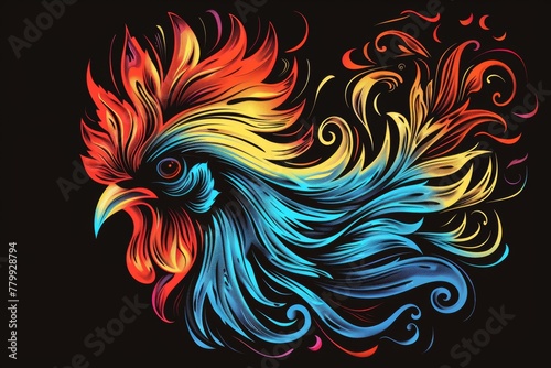 A colorful rooster on a black background. A magical creature made of fire. © tilialucida
