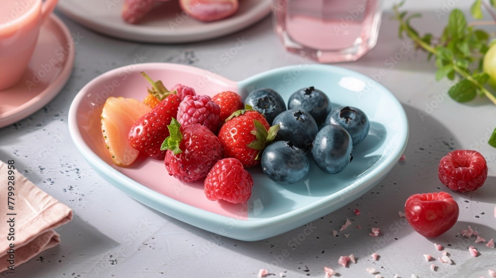 A heart shaped bowl filled with berries and other fruits, AI A heart shaped bowl filled with berries and other fruits, AI