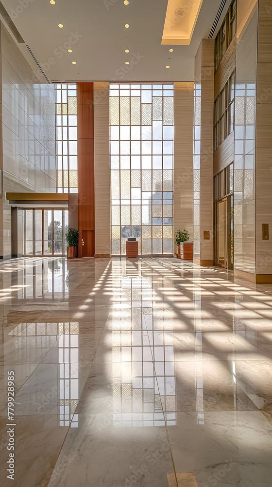 Elegant Modern Lobby Interior with Marble Flooring and Panoramic View