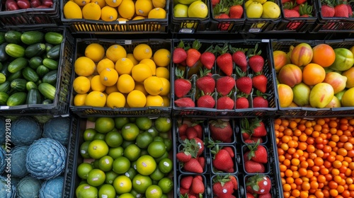 Food stands full of fresh vegetables and fruit in a grocery store.