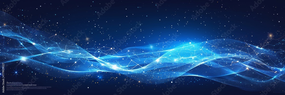 Abstract background with blue glowing digital waves and interconnected dots on a dark backdrop, representing technology or data transfer