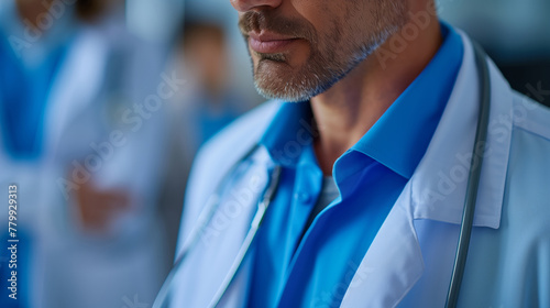 A man in a blue shirt and white coat is wearing a stethoscope. He is the only person in the image. a pleasant preventive check-up at the doctor's, a doctor dressed in a blue doctor's coat