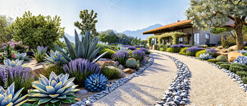 Desert Landscaping with Cacti and Succulents, Rock Path through a Drought-Resistant Garden, Eco-Friendly Design