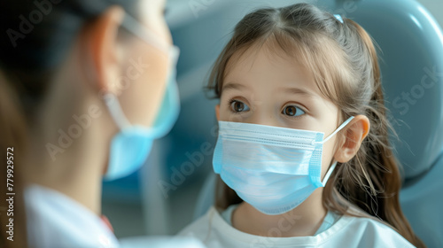 A young baby girl wearing a blue mask is standing in front of a doctor. The girl is looking at the camera with a serious expression. Little Girl With Face Mask Talking to Doctor