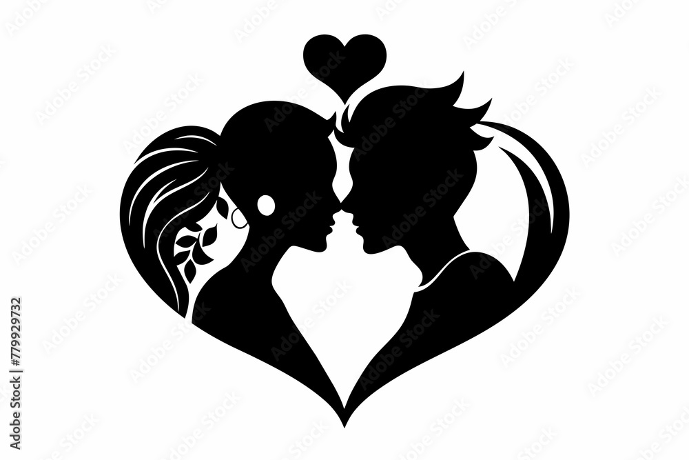 Kissing couple black silhouette with floral heart icon design.