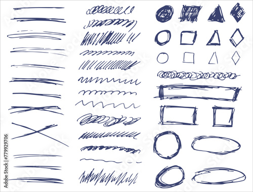 Set of hand-drawn vector grunge scribble stripes. Doodle lines and shapes.  Chalk crayon or pan doodle rouge freehand scratches. Collection of strokes for emphasis, text highlighting, sketchbook