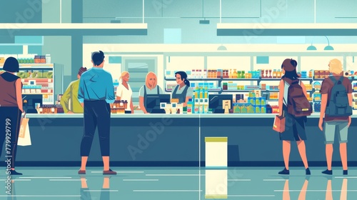 Vector illustration of interior view of a grocery store.