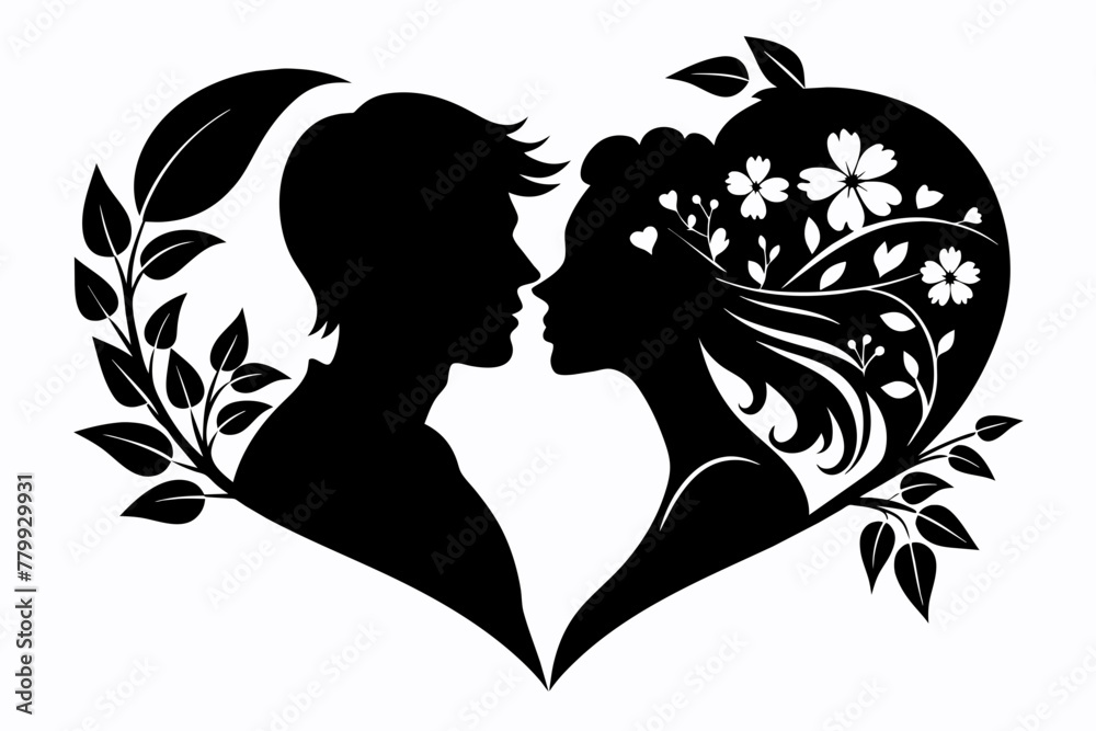 Kissing couple black silhouette with floral heart icon design.