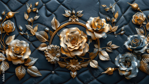 3d wallpaper with golden roses and leaves, silver flowers on black quilted background. wall mural. Created with Ai