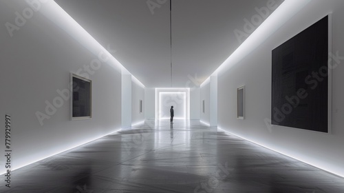 A person standing in a long hallway with white walls, AI