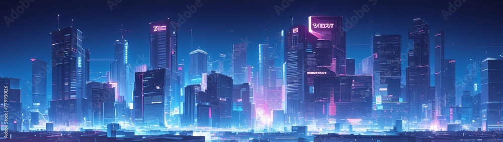 A panoramic view of the city skyline at night, illuminated by neon lights, showcasing towering skyscrapers and futuristic architecture.