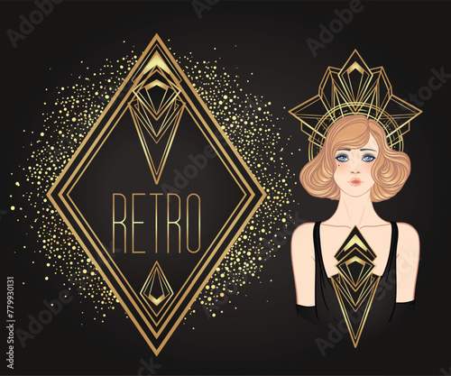 Art Deco vintage invitation template design with illustration of flapper girl...