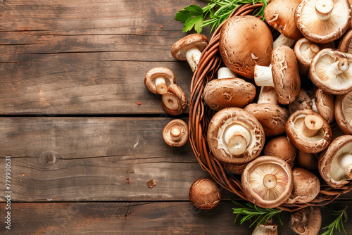 Fresh forest mushrooms /Boletus edulis (king bolete) / penny bun / cep / porcini / mushroom in an old bowl / plate and rosemary parsley herbs on the wooden dark brown table, top view background banner photo