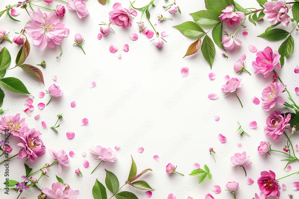 Beautiful spring flowers and leaves isolated white background with copy space.