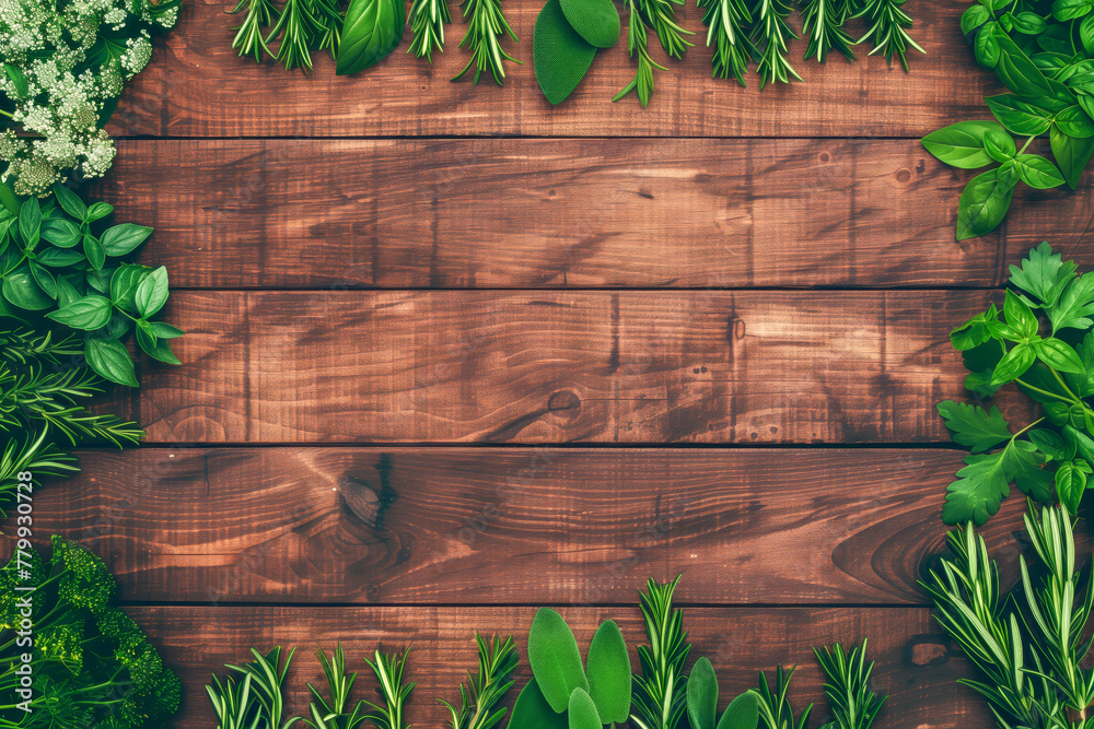 Fresh herbs on wooden background with space for text Fresh herbs on wooden background with space for text