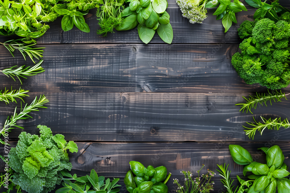 Fresh herbs on wooden background with space for text