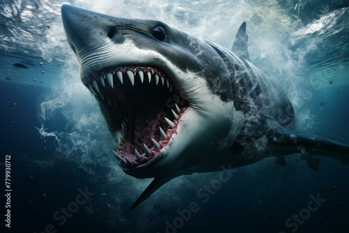 Powerful Water sea shark. Danger deep reef. Generate Ai © juliars