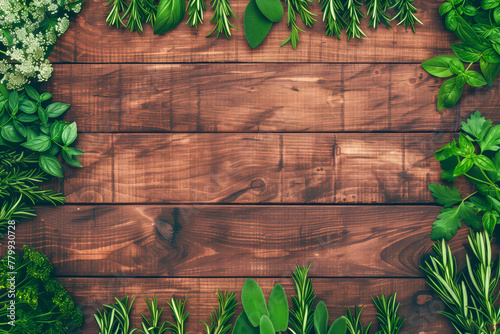 Fresh herbs on wooden background with space for text