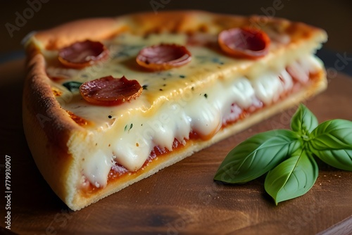 A mouth-watering pizza with a crispy, golden crust and a generous layer of melted cheese, topped with juicy slices of pepperoni and fresh basil leaves.