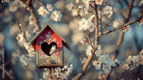 Charming birdhouse nestled among spring blossoms with a bird peeking out. © Anna