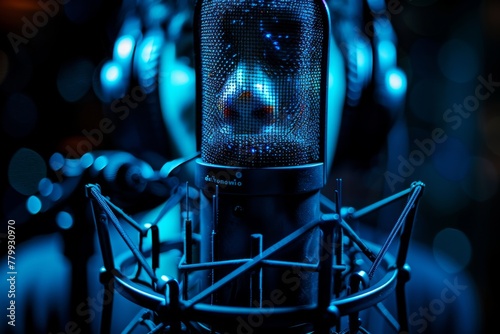 Professional microphone studio podcast stream interview platform radio with micrecording voice singing in bright record studio audio quality equipment content music media entertainment photo