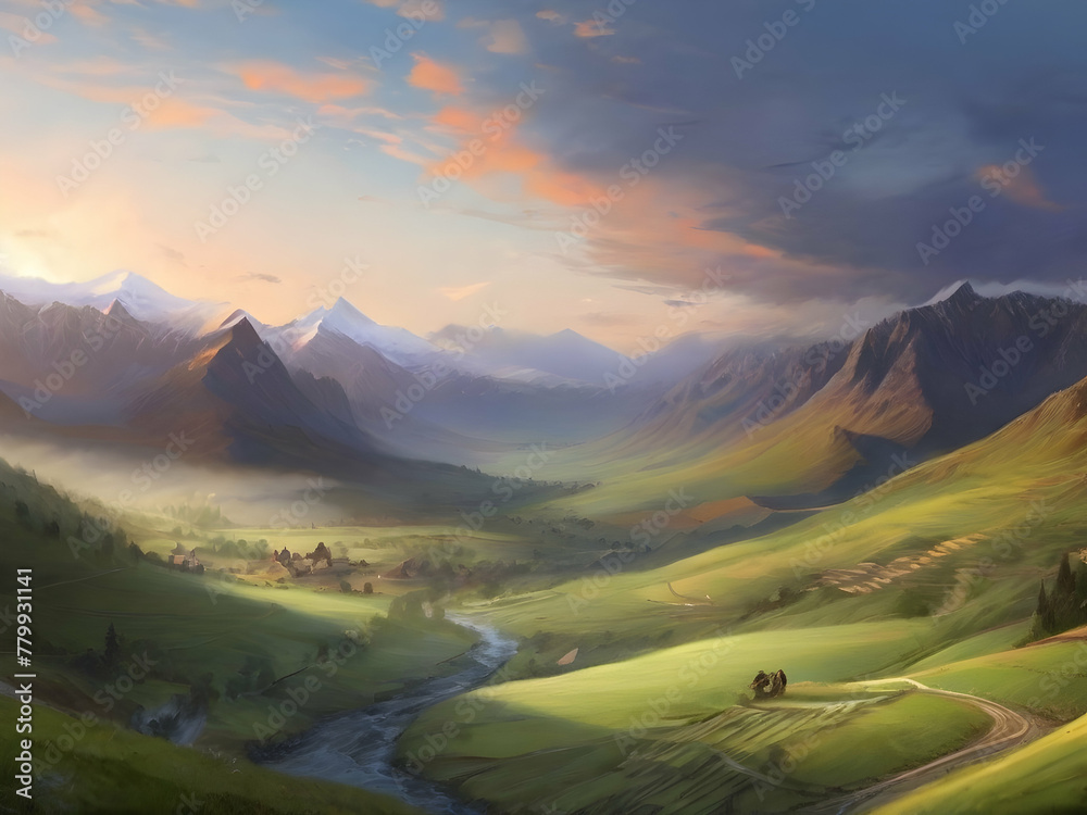 Fototapeta premium sunrise in the mountains of caucasus. travel, hill, clouds, view, winter, sunset, alps, sunrise, cloud, desert, panorama, valley, tourism,Ai generated