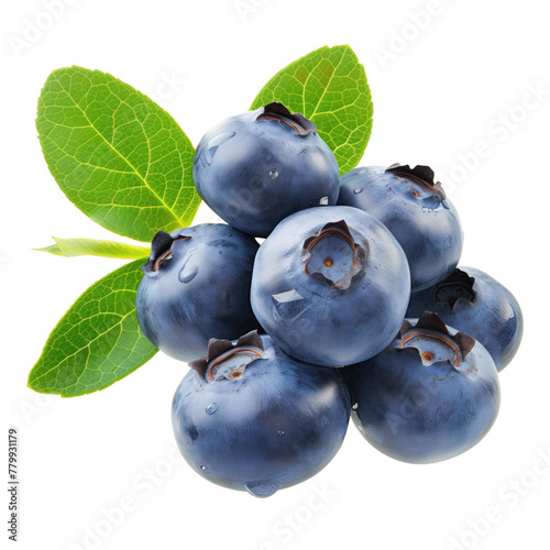 Fresh blueberries with vibrant green leaves isolated on transparent background