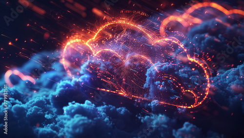 Glowing Cloud With Light Particles and Flowing Data Concept