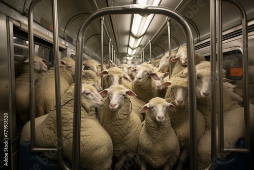 Claustrophobic Sheep crammed subway. Fluffy wool animal passengers in metro transportation. Generate ai