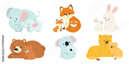 Cute Wildlife Animal and their babies character vector set. Lovely Collection of fox, koala, bears, elephant, lion, rabbit in mother and baby concept. Illustration for Happy Mother's day, clipart.