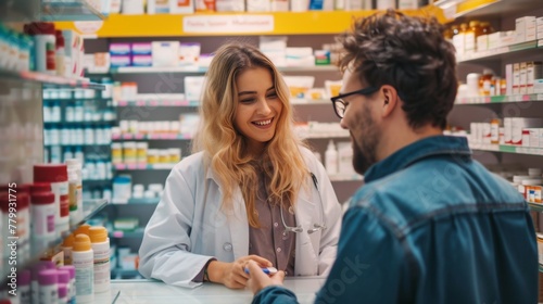 Pharmacist is assisting customer in a drug store © Joyce