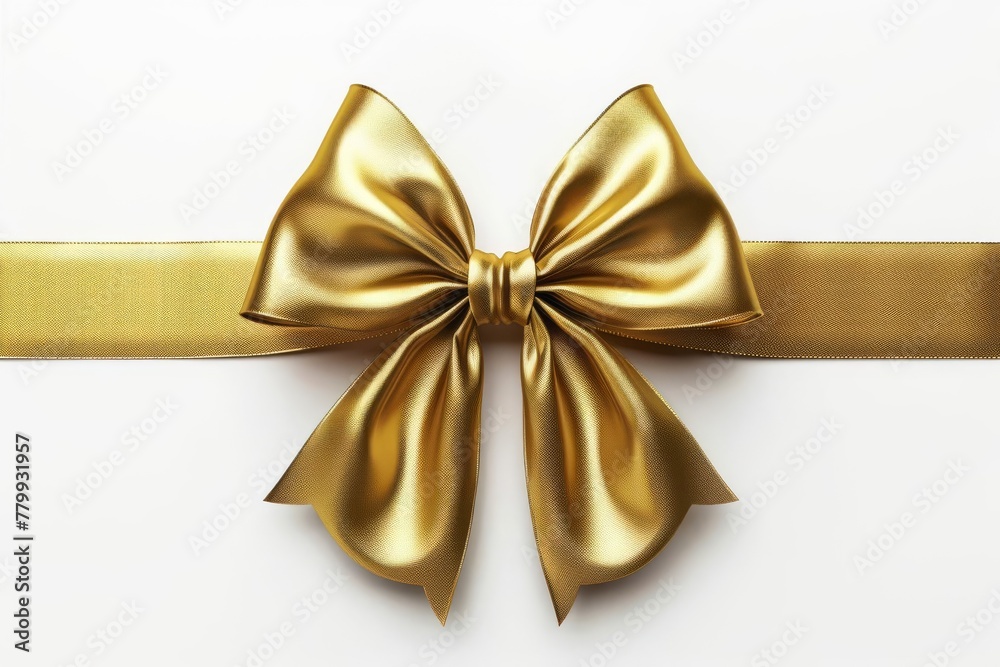 Luxurious gold satin ribbon tied in elegant bow, isolated on white background, 3D illustration
