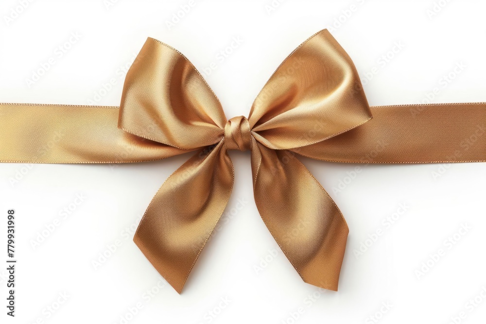 Luxurious gold satin ribbon tied in elegant bow, isolated on white background, 3D illustration