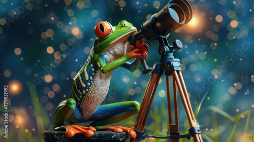 With a telescope in hand, the cartoon frog embarks on a stargazing expedition, marveling at the wonders of the cosmos.