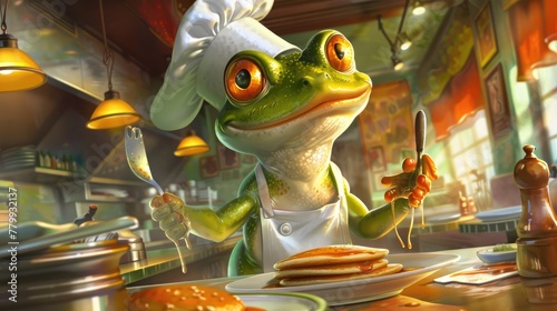 With a chef's hat perched jauntily on its head, the cartoon frog expertly flips pancakes in a bustling breakfast diner. photo