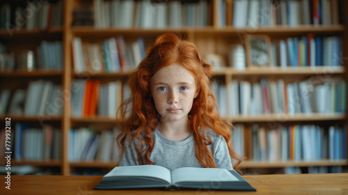 A girl with red hair is reading a book in the library. School Library. a child in a children's library photo
