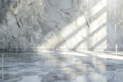 Luxurious Marble Texture Surface Wall with Sunlight, Glossy Floor, Grey Granite Room Display, Cosmetic and Spa Product Presentation Background © furyon