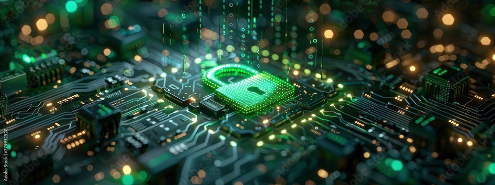 3D illustration of a green lock icon surrounded by holographic security symbols and technological elements 3D illustration of a green lock icon surrounded by holographic security symbols and technological elements