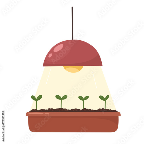 Growing seedlings under a lamp, spring planting, agronomy. Vector illustration in flat style. © EkaterinaGr