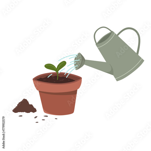 Watering a sprout in a pot, seedling vector illustration, spring planting. © EkaterinaGr