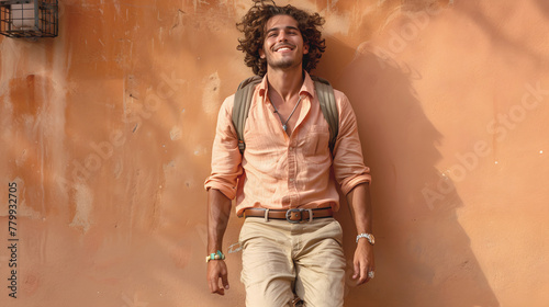  Joyousyoung man with curly hair dressed in peach shirt, khaki pants posing against wall in peach shades photo