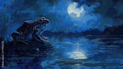 Under the shimmering moonlight, a frog croaks softly from the edge of a pond, its silhouette casting a mysterious shadow against the rippling water. photo