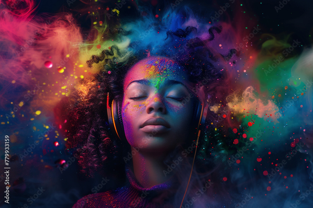 Serene Woman Enjoying Music With Colorful Abstract Effects
